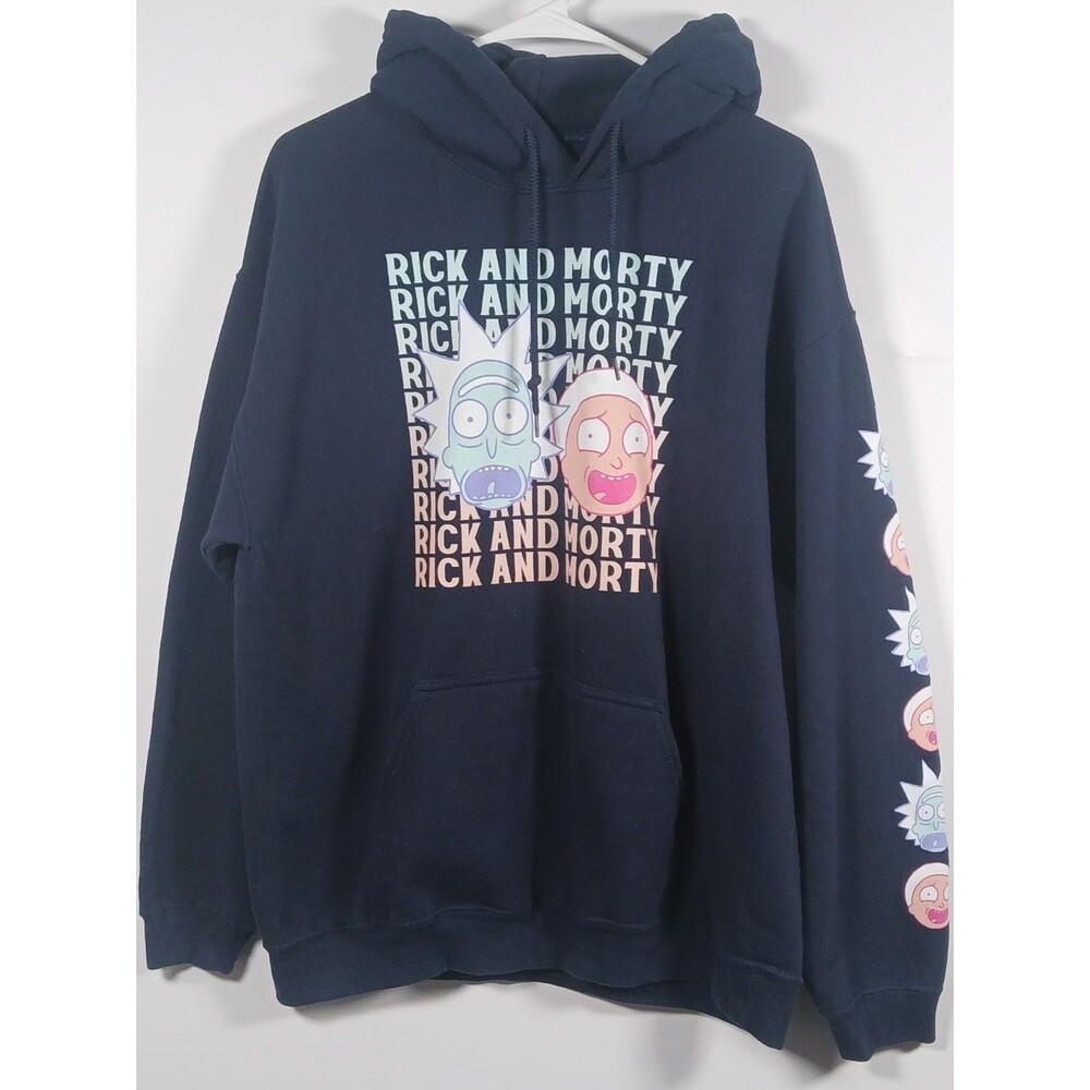 Rick & Morty Navy Blue Pullover Hoodie Adult Swim Size L EUC Character Graphic